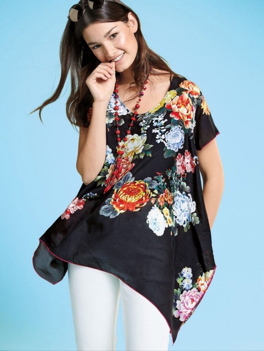 Johnny Was Ziara Floral Printed Waterfall Hem Tunic Top Size XL